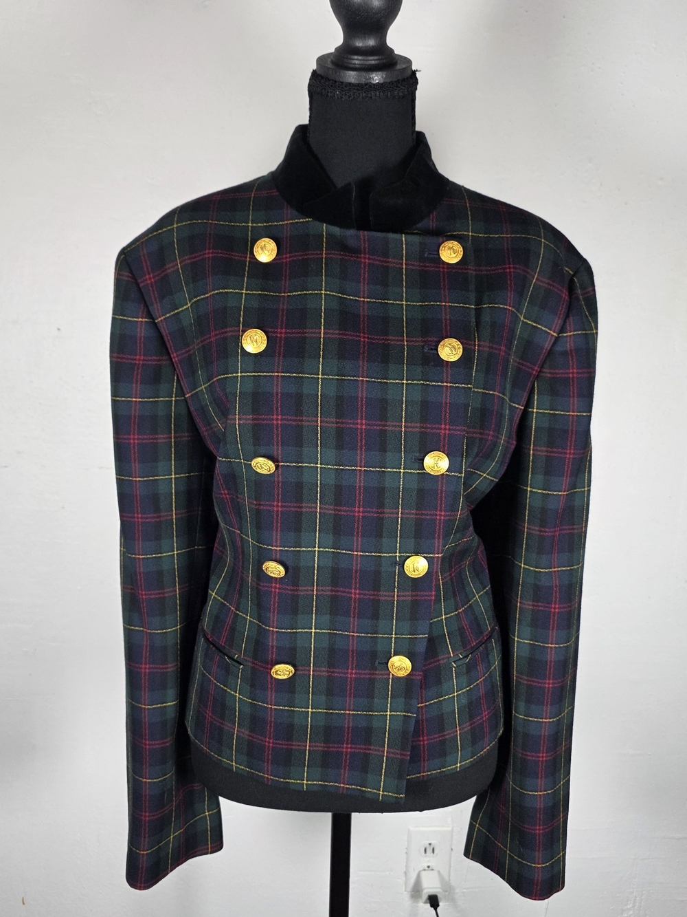 JH Collectibles Dark Green Navy Tartan Double-Breasted Blazer with Gold Buttons